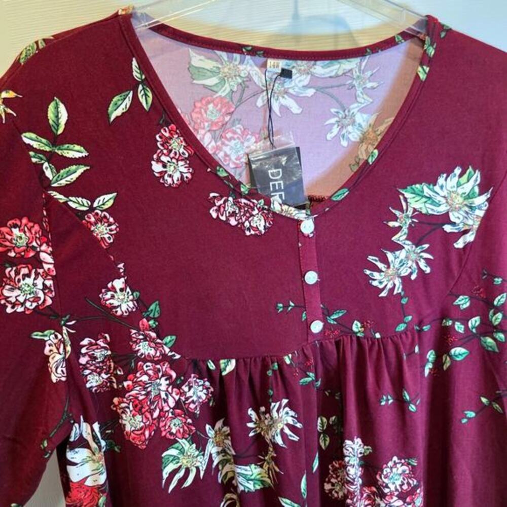 Floral Tunic Baby Doll Henley Top Empire Waist Sz 14 W Plus Burgundy Red Flare - Picture 9 of 12